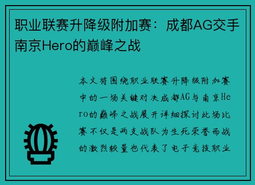 职业联赛升降级附加赛：成都AG交手南京Hero的巅峰之战